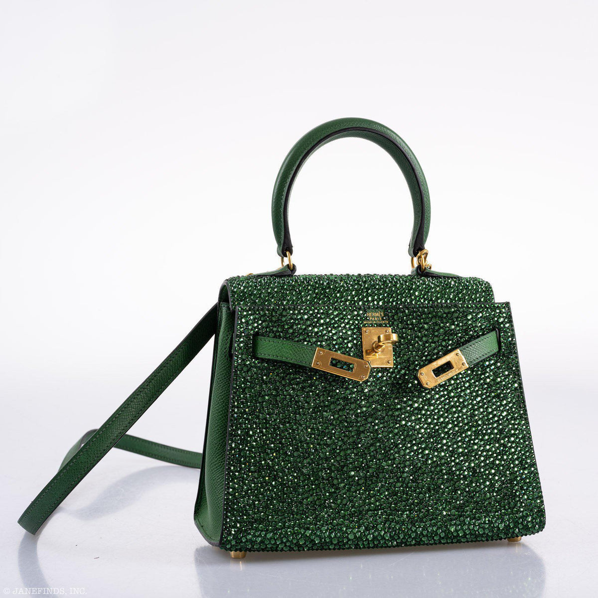 Vintage Hermes Emerald Kelly of Oz with Swarovski Crystals Epsom Gold Hardware Hermes