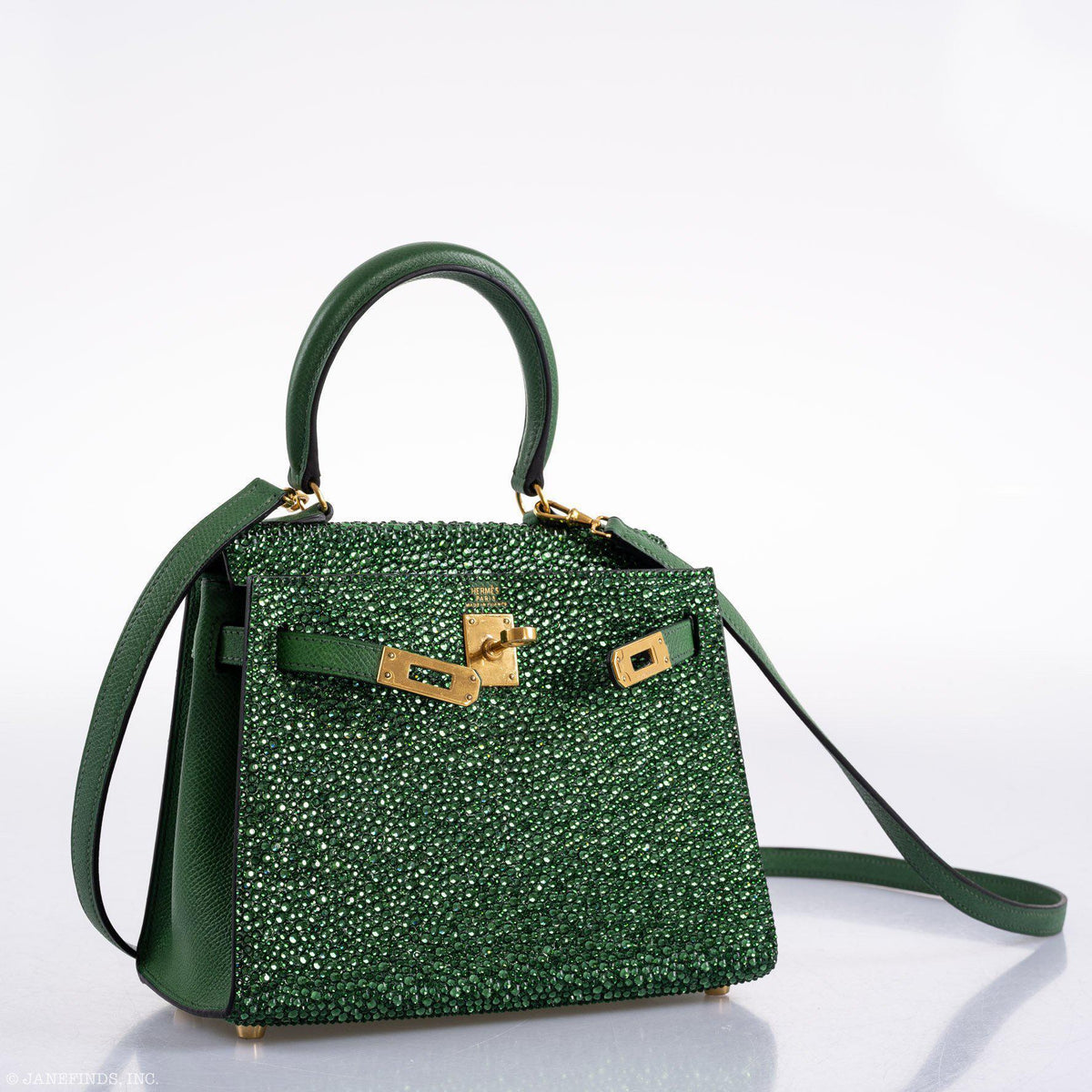 Vintage Hermes Emerald Kelly of Oz with Swarovski Crystals Epsom Gold Hardware Hermes