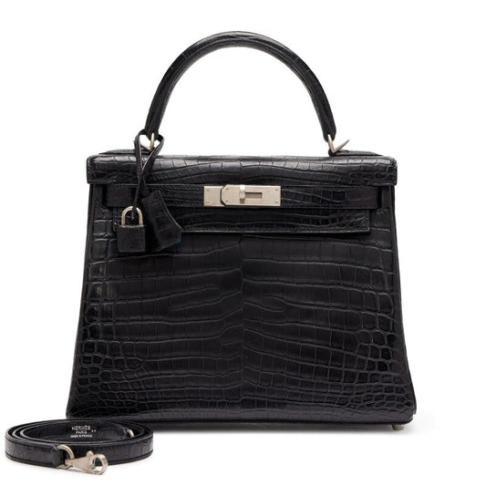 Black Matte Niloticus Crocodile and Bleu Colvert Verso HSS Retourne Kelly 28 Brushed Palladium Hardware, 2016 - Crowned Bag
