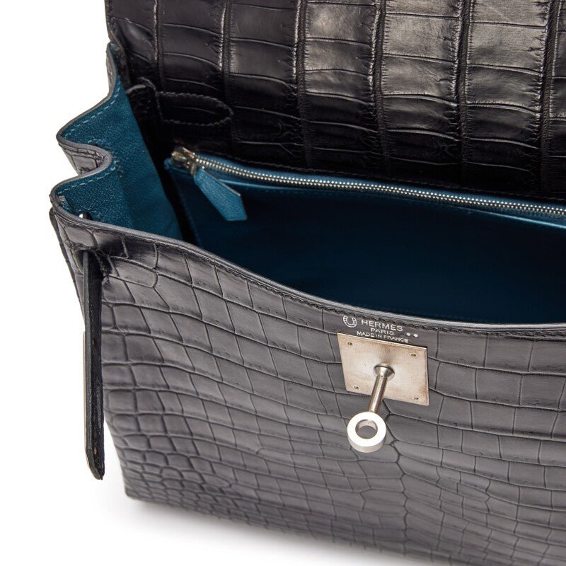 Black Matte Niloticus Crocodile and Bleu Colvert Verso HSS Retourne Kelly 28 Brushed Palladium Hardware, 2016 - Crowned Bag