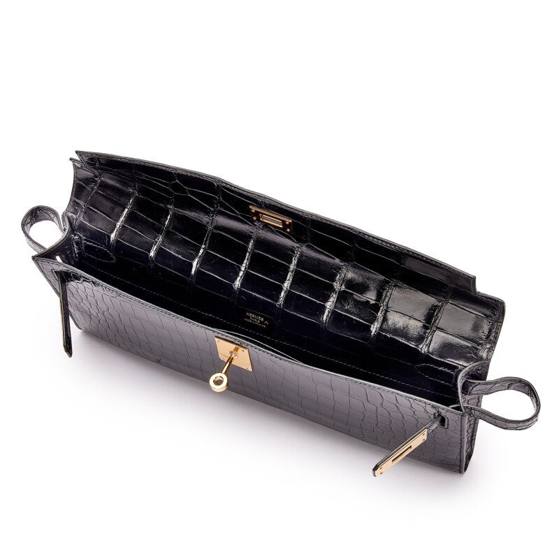 Black Shiny Porosus Crocodile Kelly Cut Gold Hardware, 2015 - Crowned Bag