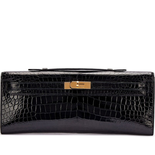 Black Shiny Porosus Crocodile Kelly Cut Gold Hardware, 2015 - Crowned Bag
