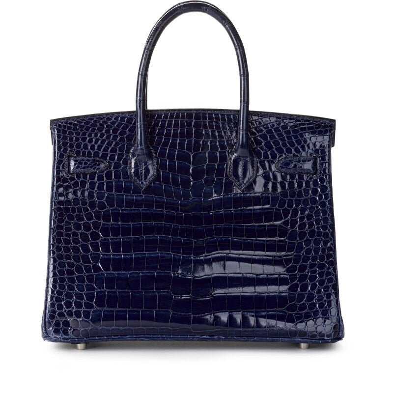 Bleu Marine Shiny Crocodile Porosus Birkin 30 Palladium Hardware, 2002 - Crowned Bag