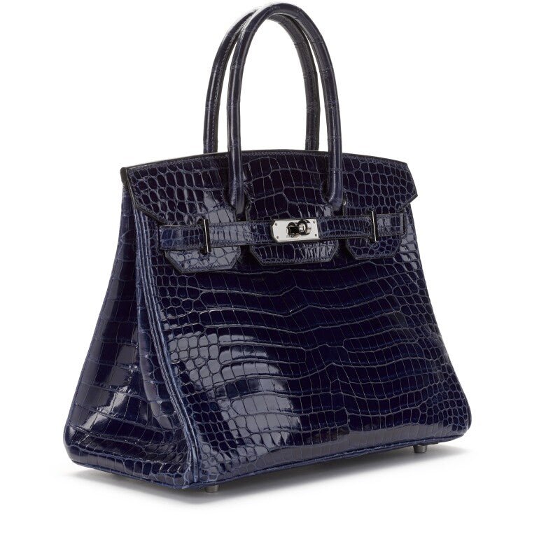 Bleu Marine Shiny Crocodile Porosus Birkin 30 Palladium Hardware, 2002 - Crowned Bag
