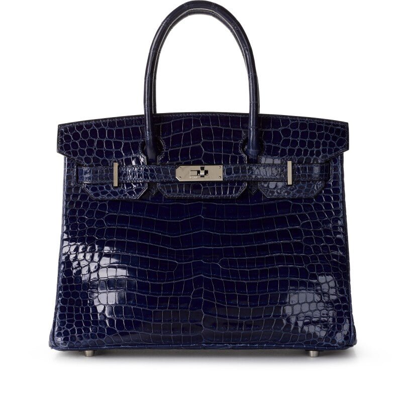 Bleu Marine Shiny Crocodile Porosus Birkin 30 Palladium Hardware, 2002 - Crowned Bag