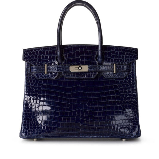 Bleu Marine Shiny Crocodile Porosus Birkin 30 Palladium Hardware, 2002 - Crowned Bag
