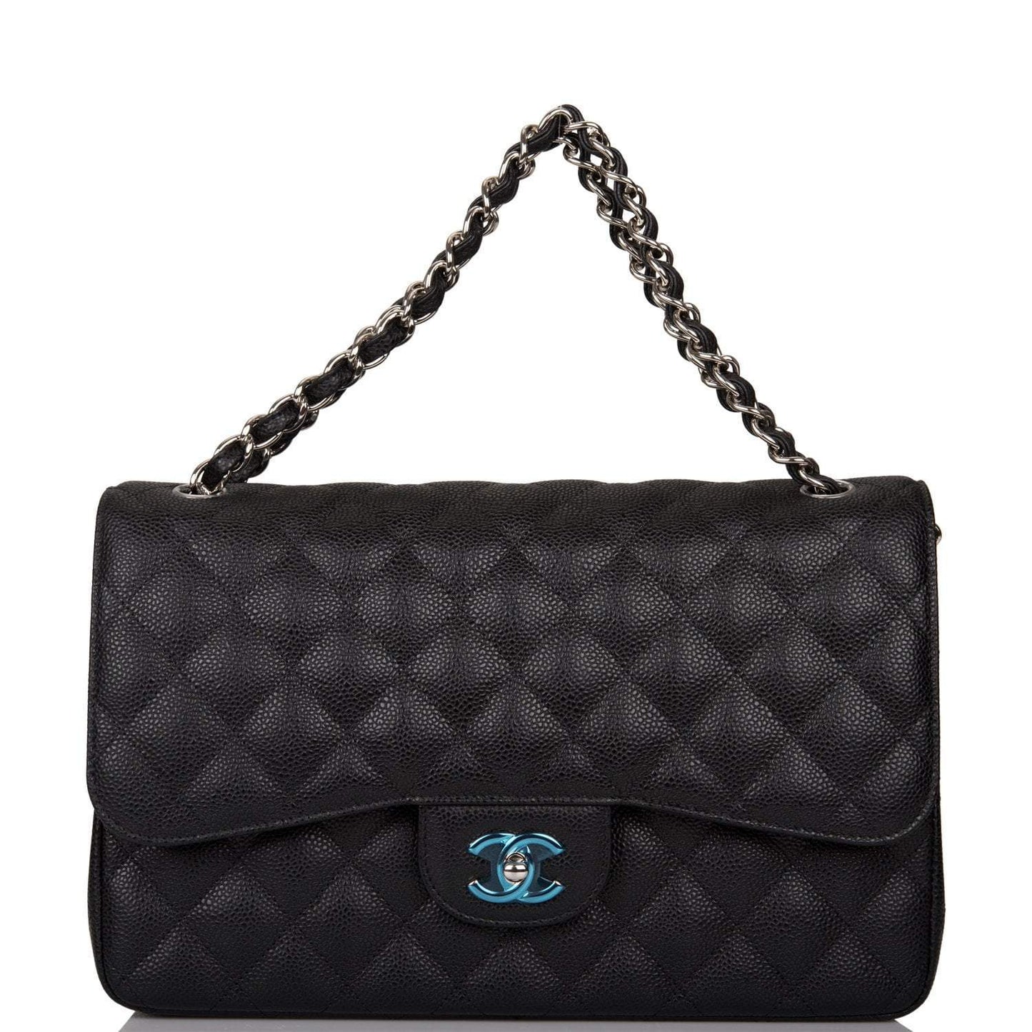 Chanel Black Quilted Caviar Jumbo Classic Double Flap Bag Silver Hardware - Crowned Bag