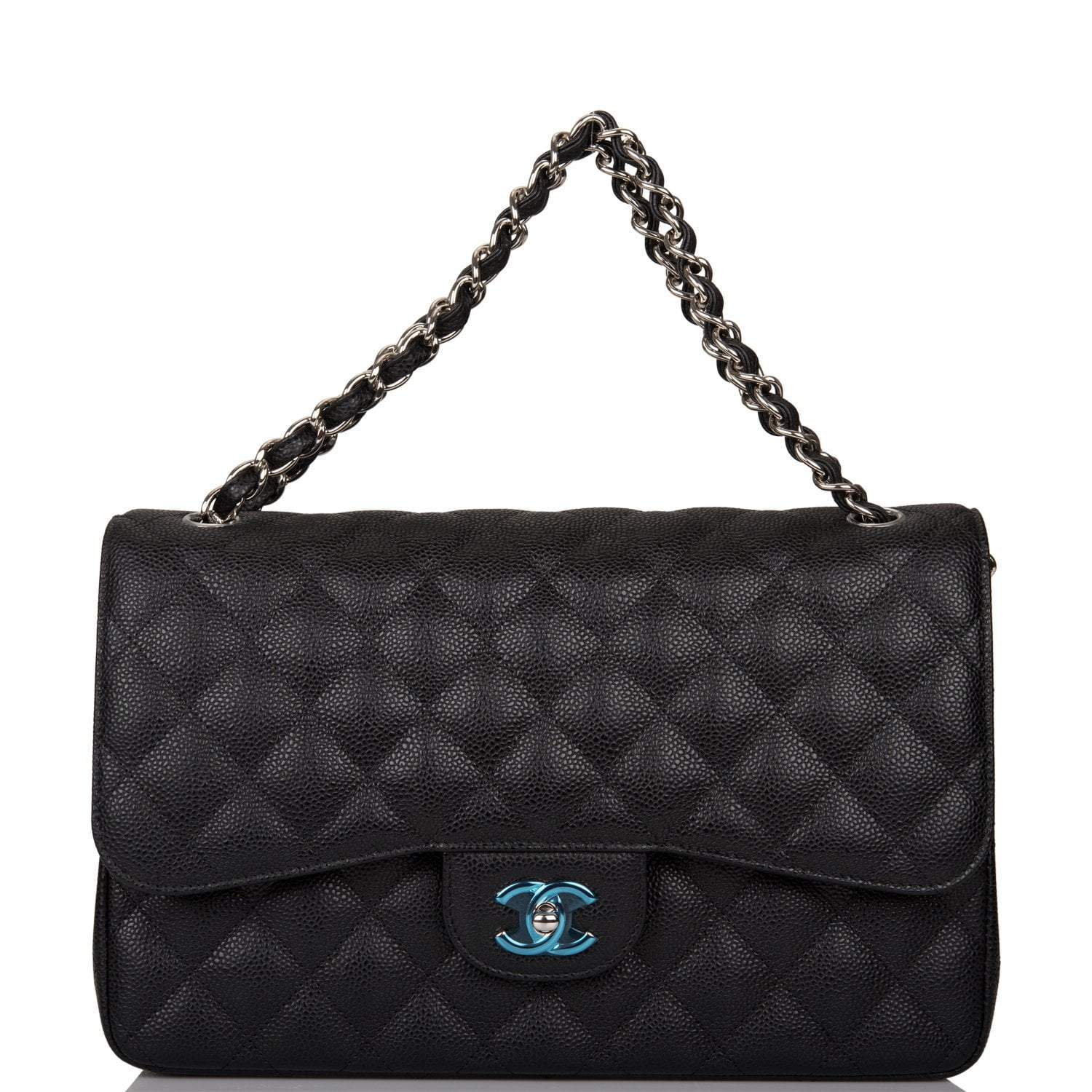 Chanel Black Quilted Caviar Jumbo Classic Double Flap Bag Silver Hardware - Crowned Bag