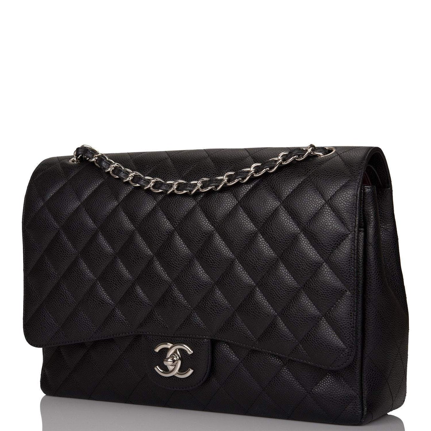 Chanel Black Quilted Caviar Maxi Classic Double Flap Bag Silver Hardware - Crowned Bag