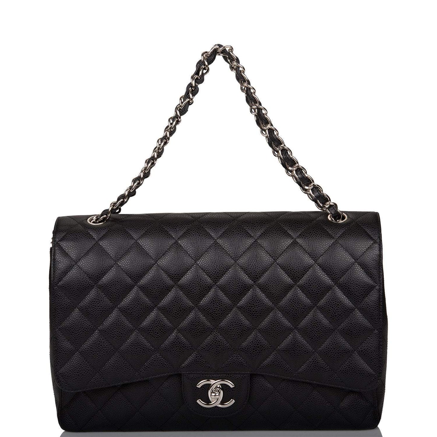 Chanel Black Quilted Caviar Maxi Classic Double Flap Bag Silver Hardware - Crowned Bag