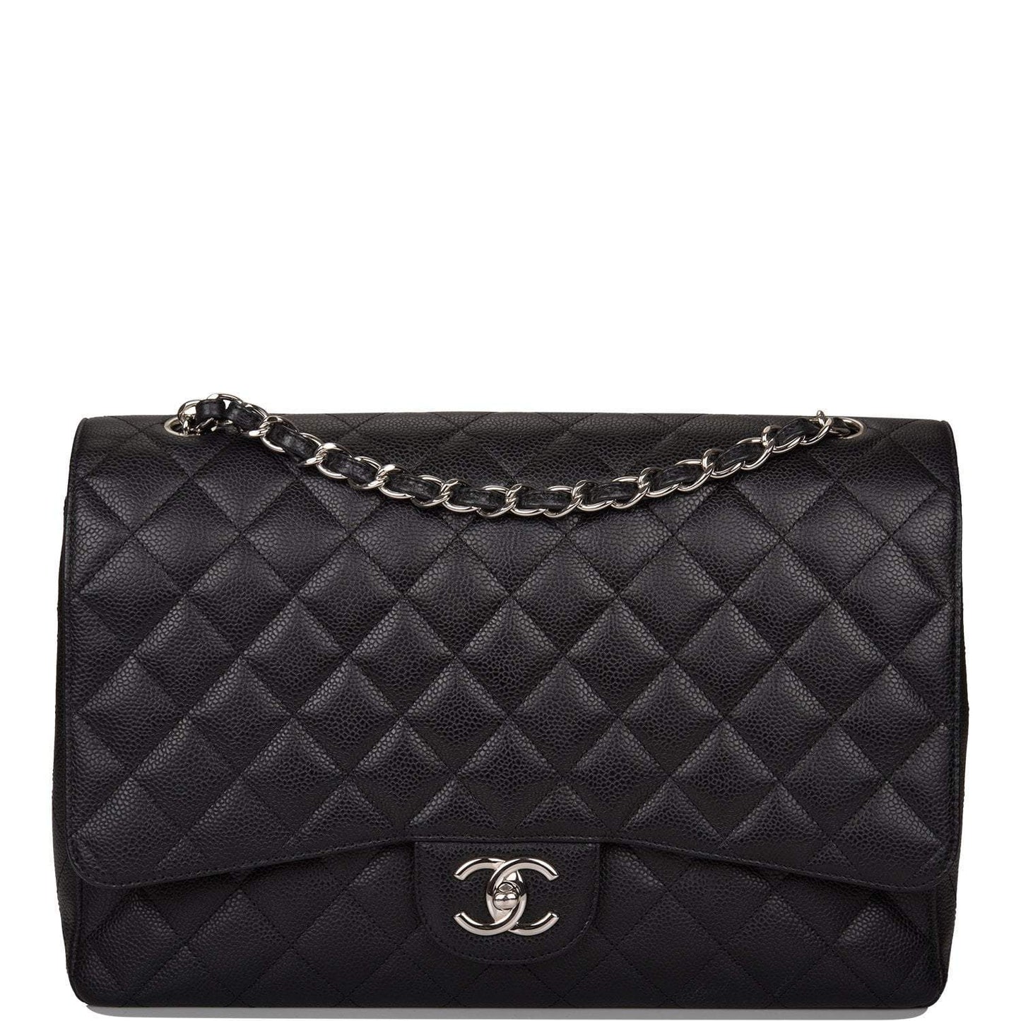 Chanel Black Quilted Caviar Maxi Classic Double Flap Bag Silver Hardware - Crowned Bag