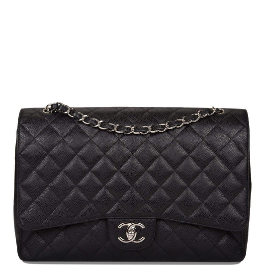 Chanel Black Quilted Caviar Maxi Classic Double Flap Bag Silver Hardware - Crowned Bag