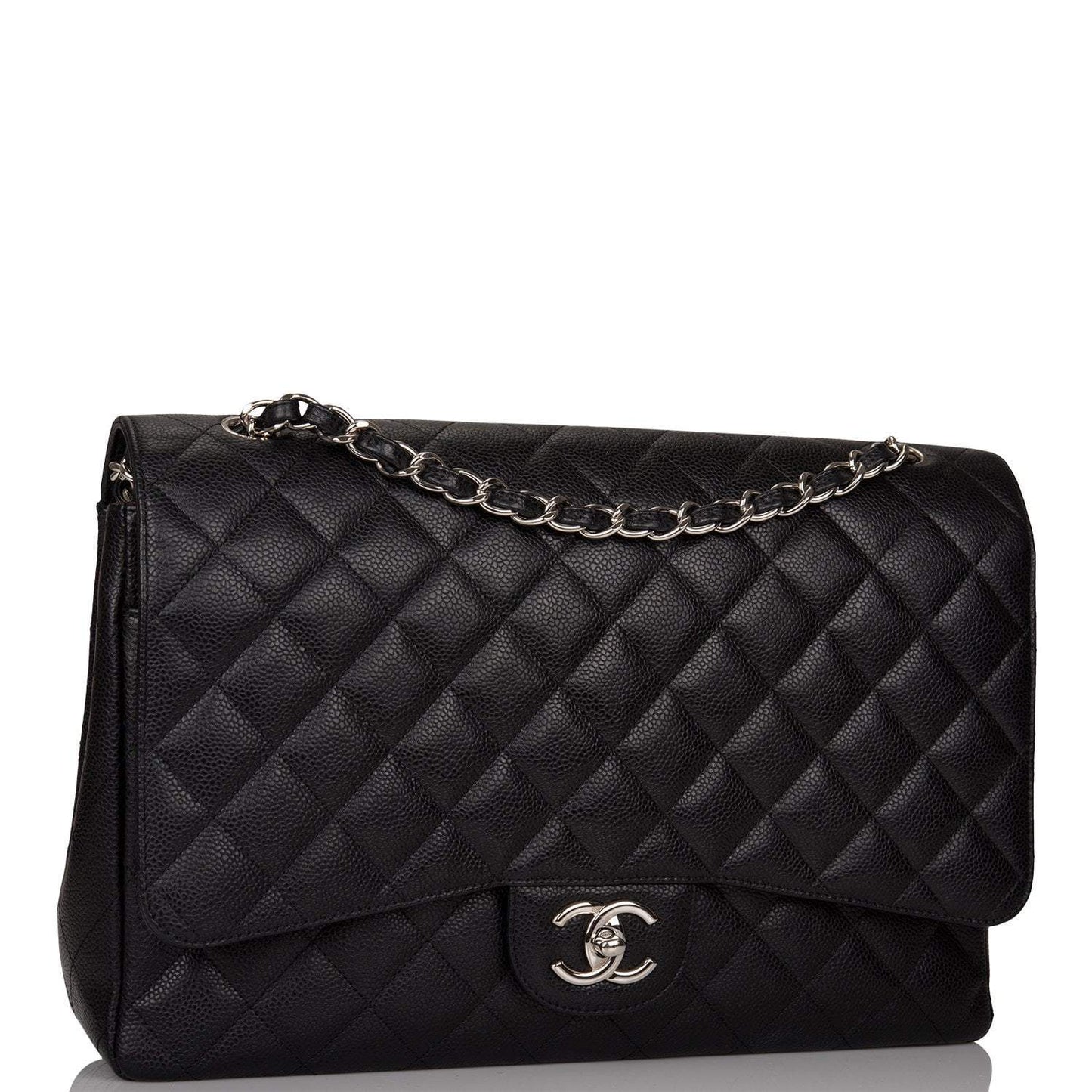 Chanel Black Quilted Caviar Maxi Classic Double Flap Bag Silver Hardware - Crowned Bag