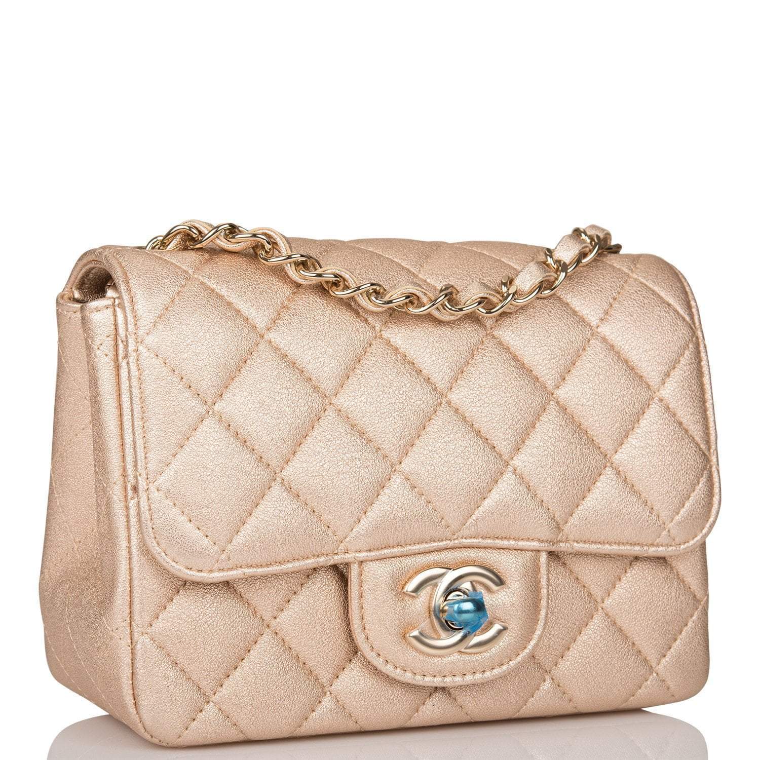 Chanel Gold Metallic Quilted Lambskin Square Mini Classic Flap Bag Light Gold Hardware - Crowned Bag