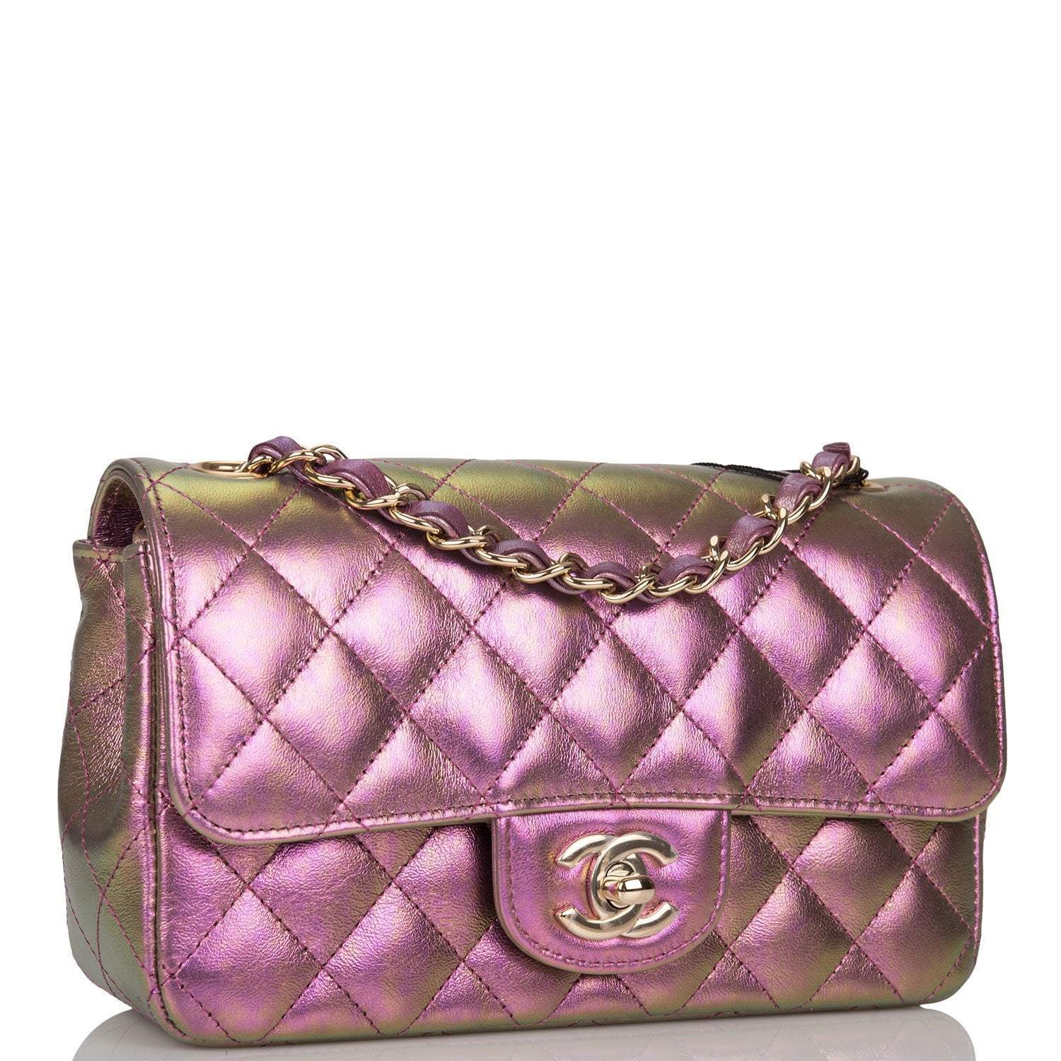 Chanel Mini Rectangular Flap Bag Purple Iridescent Lambskin Light Gold Hardware - Crowned Bag