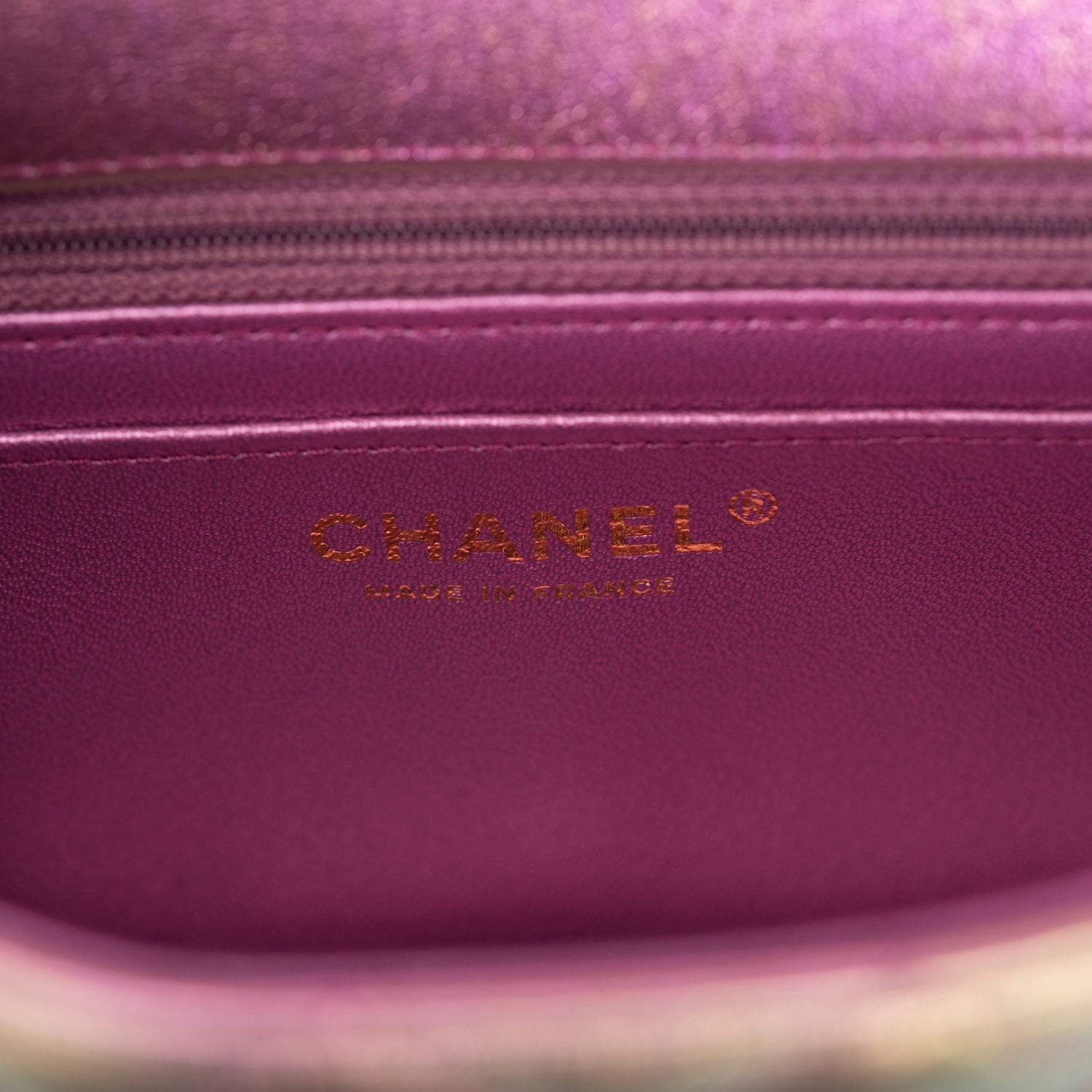 Chanel Mini Rectangular Flap Bag Purple Iridescent Lambskin Light Gold Hardware - Crowned Bag