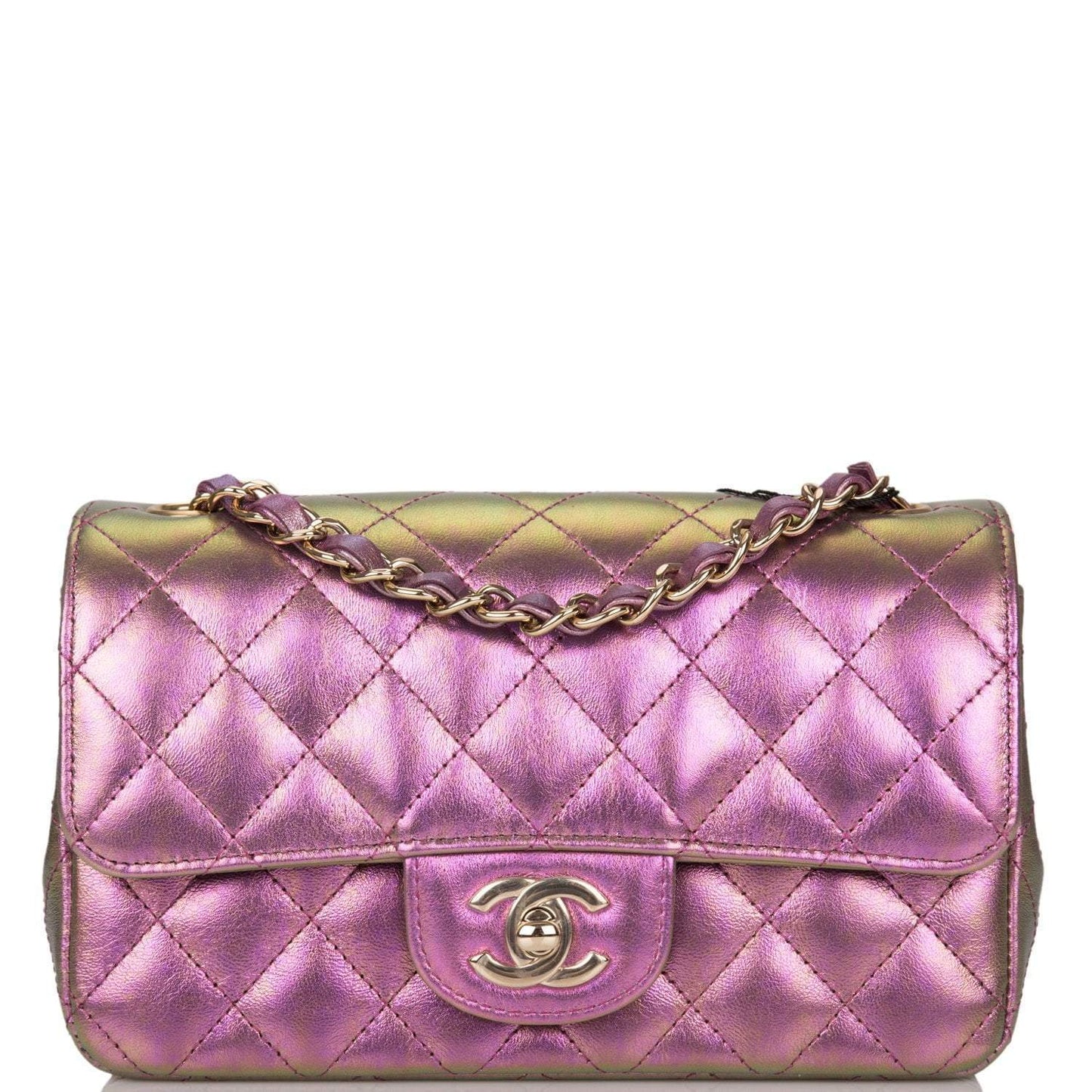 Chanel Mini Rectangular Flap Bag Purple Iridescent Lambskin Light Gold Hardware - Crowned Bag
