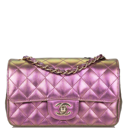 Chanel Mini Rectangular Flap Bag Purple Iridescent Lambskin Light Gold Hardware - Crowned Bag
