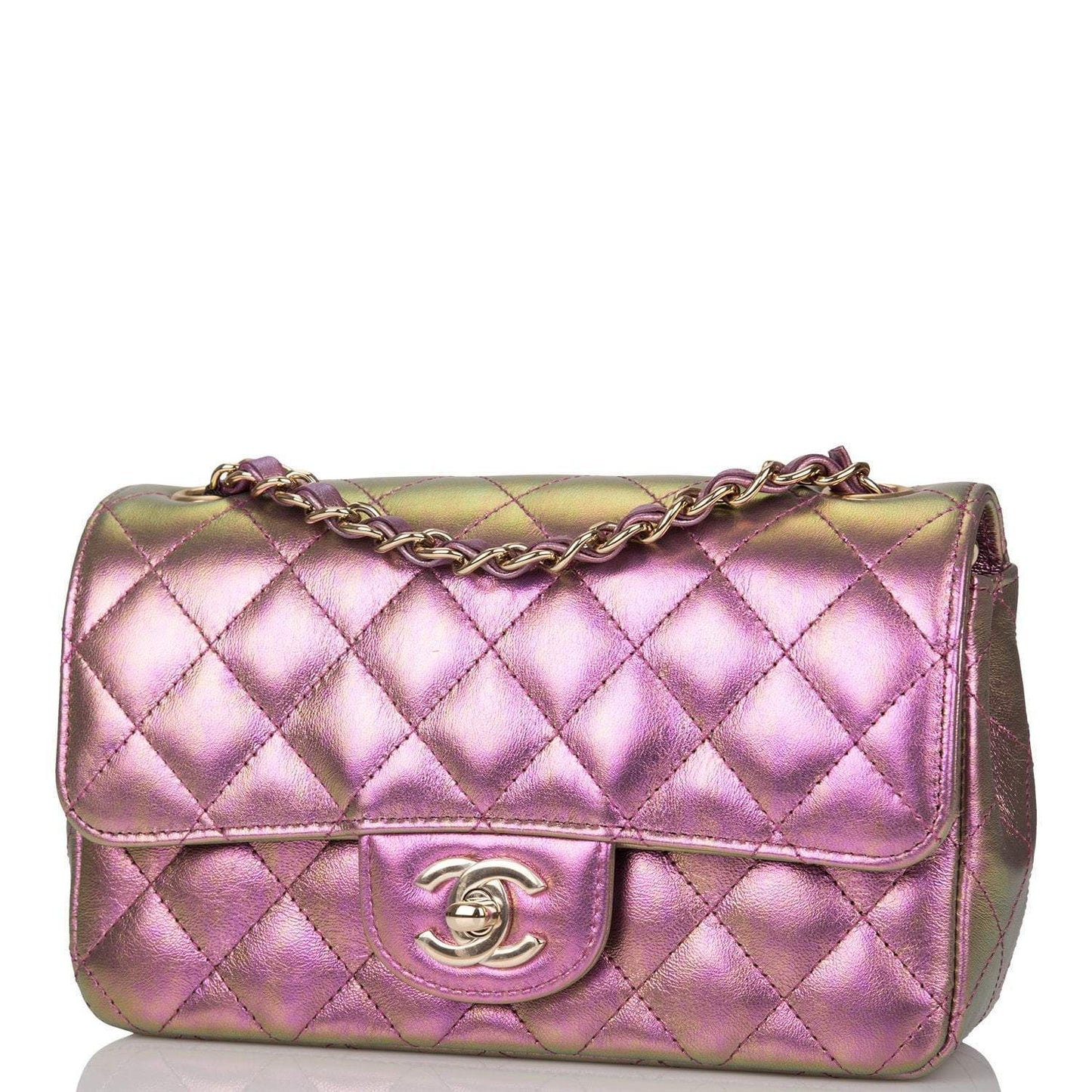 Chanel Mini Rectangular Flap Bag Purple Iridescent Lambskin Light Gold Hardware - Crowned Bag