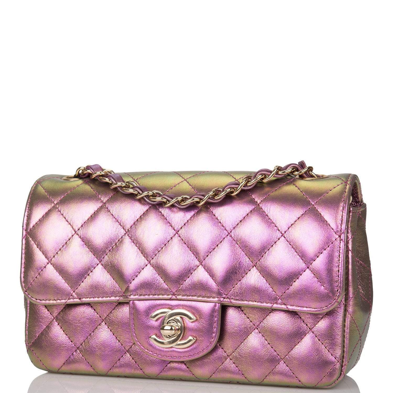 Chanel Mini Rectangular Flap Bag Purple Iridescent Lambskin Light Gold Hardware - Crowned Bag
