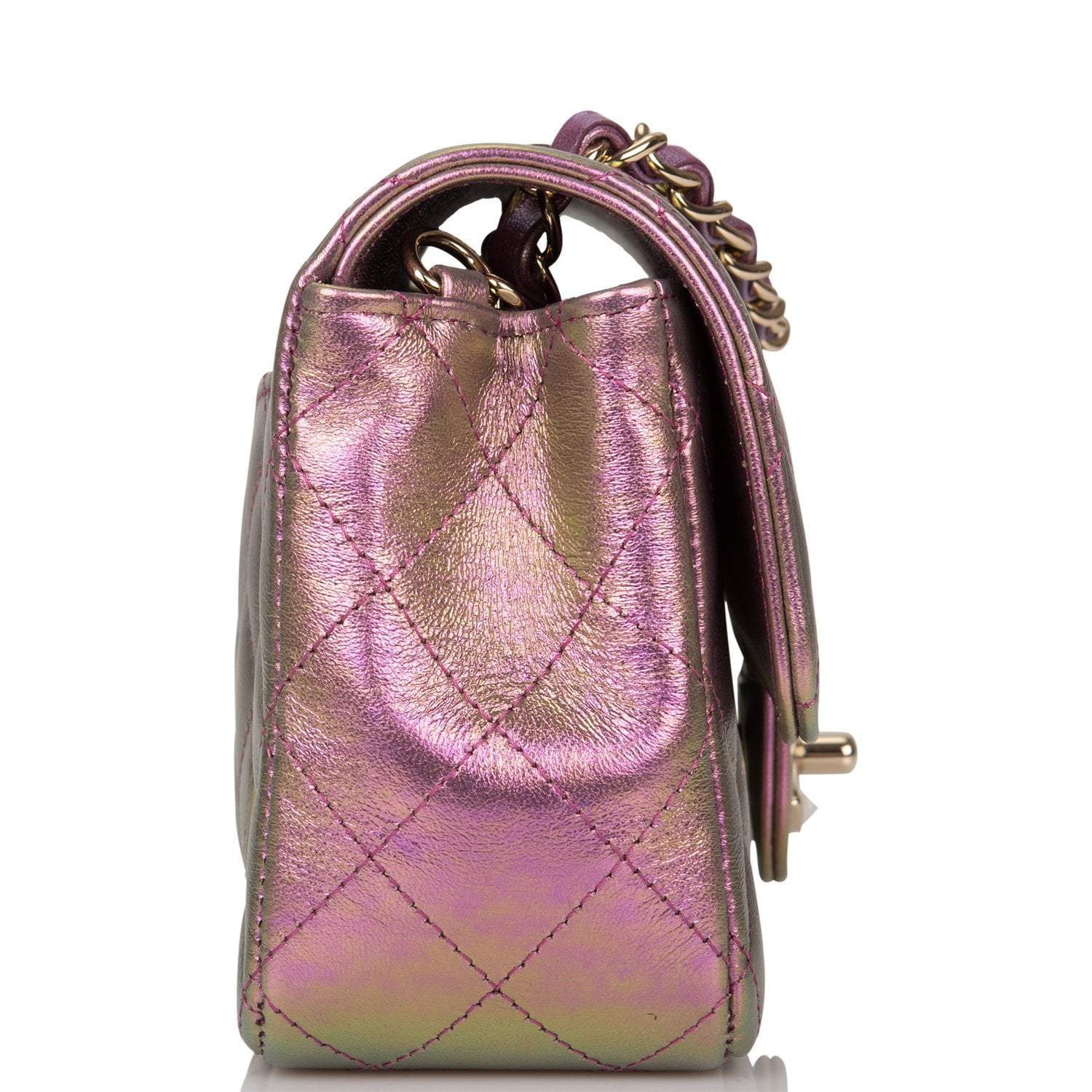 Chanel Mini Rectangular Flap Bag Purple Iridescent Lambskin Light Gold Hardware - Crowned Bag