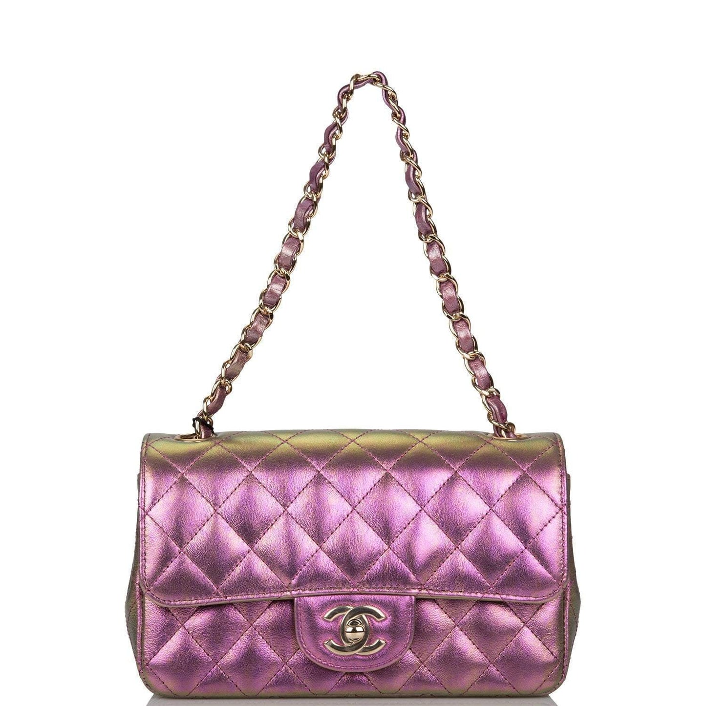 Chanel Mini Rectangular Flap Bag Purple Iridescent Lambskin Light Gold Hardware - Crowned Bag
