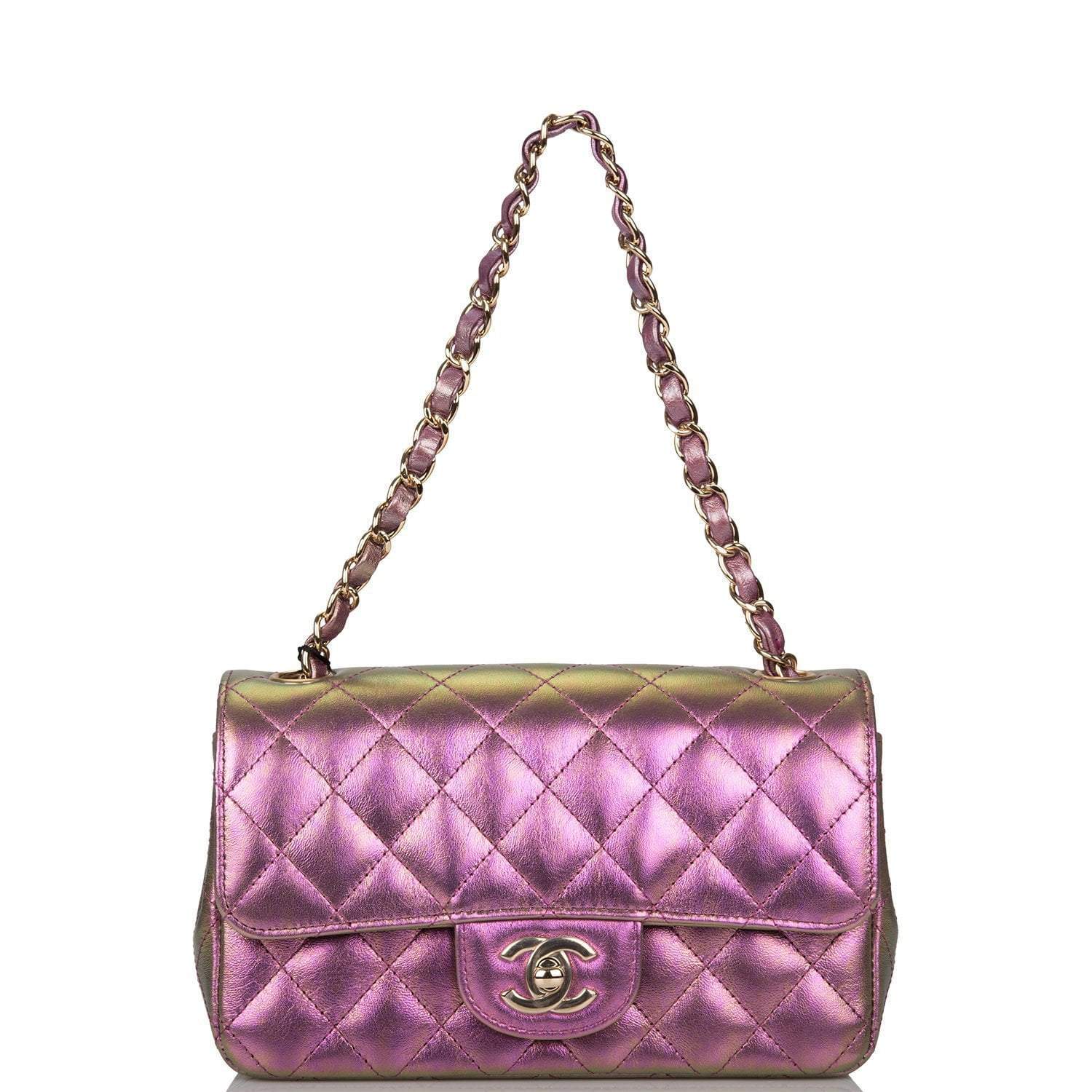 Chanel Mini Rectangular Flap Bag Purple Iridescent Lambskin Light Gold Hardware - Crowned Bag