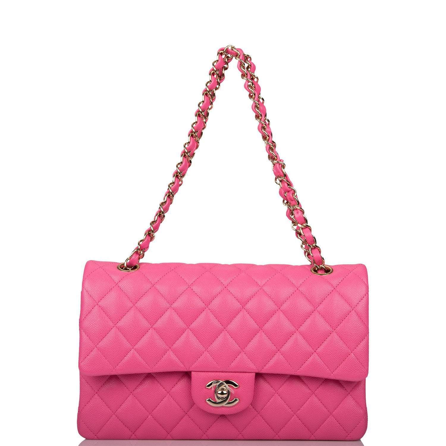 Chanel Pink Quilted Caviar Medium Classic Double Flap Bag Light Gold Hardware - Crowned Bag