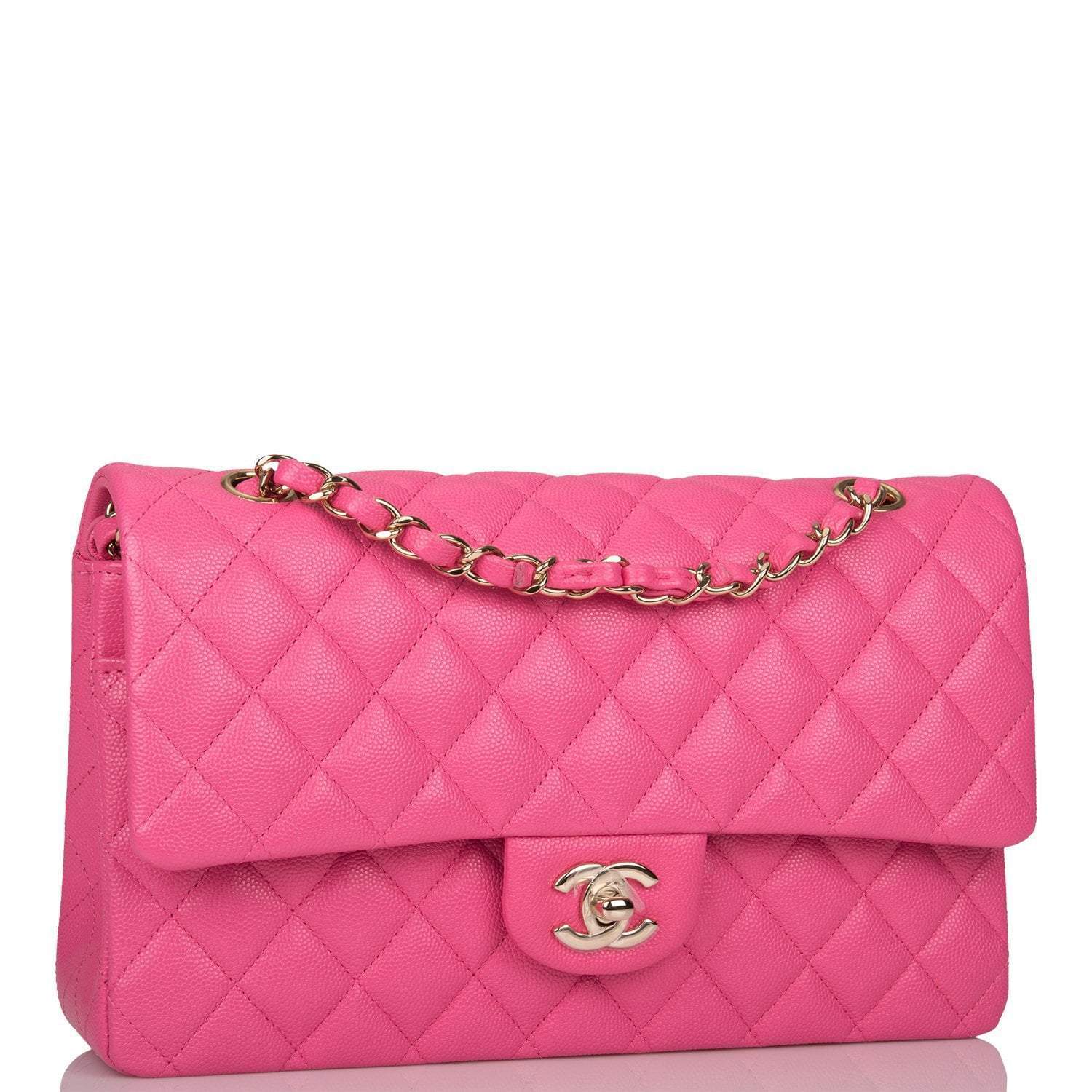 Chanel Pink Quilted Caviar Medium Classic Double Flap Bag Light Gold Hardware - Crowned Bag