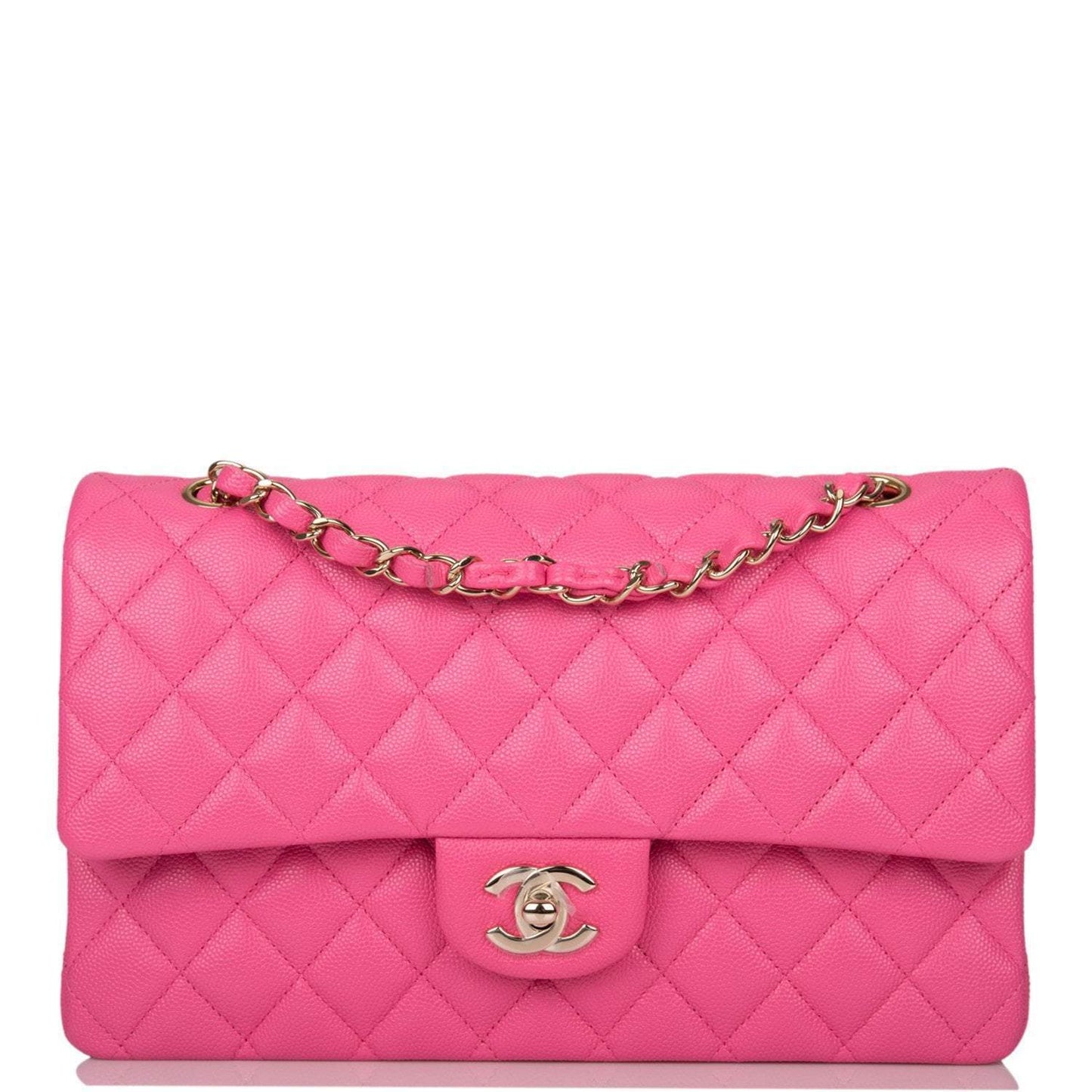 Chanel Pink Quilted Caviar Medium Classic Double Flap Bag Light Gold Hardware - Crowned Bag