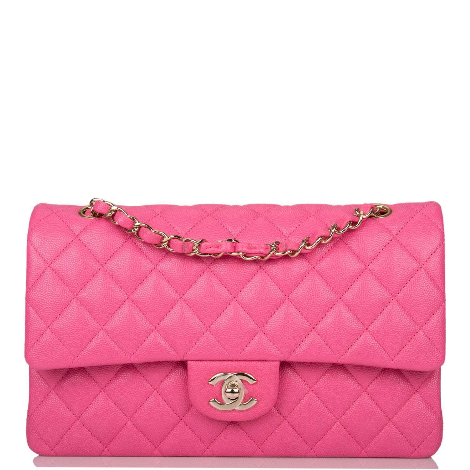 Chanel Pink Quilted Caviar Medium Classic Double Flap Bag Light Gold Hardware - Crowned Bag