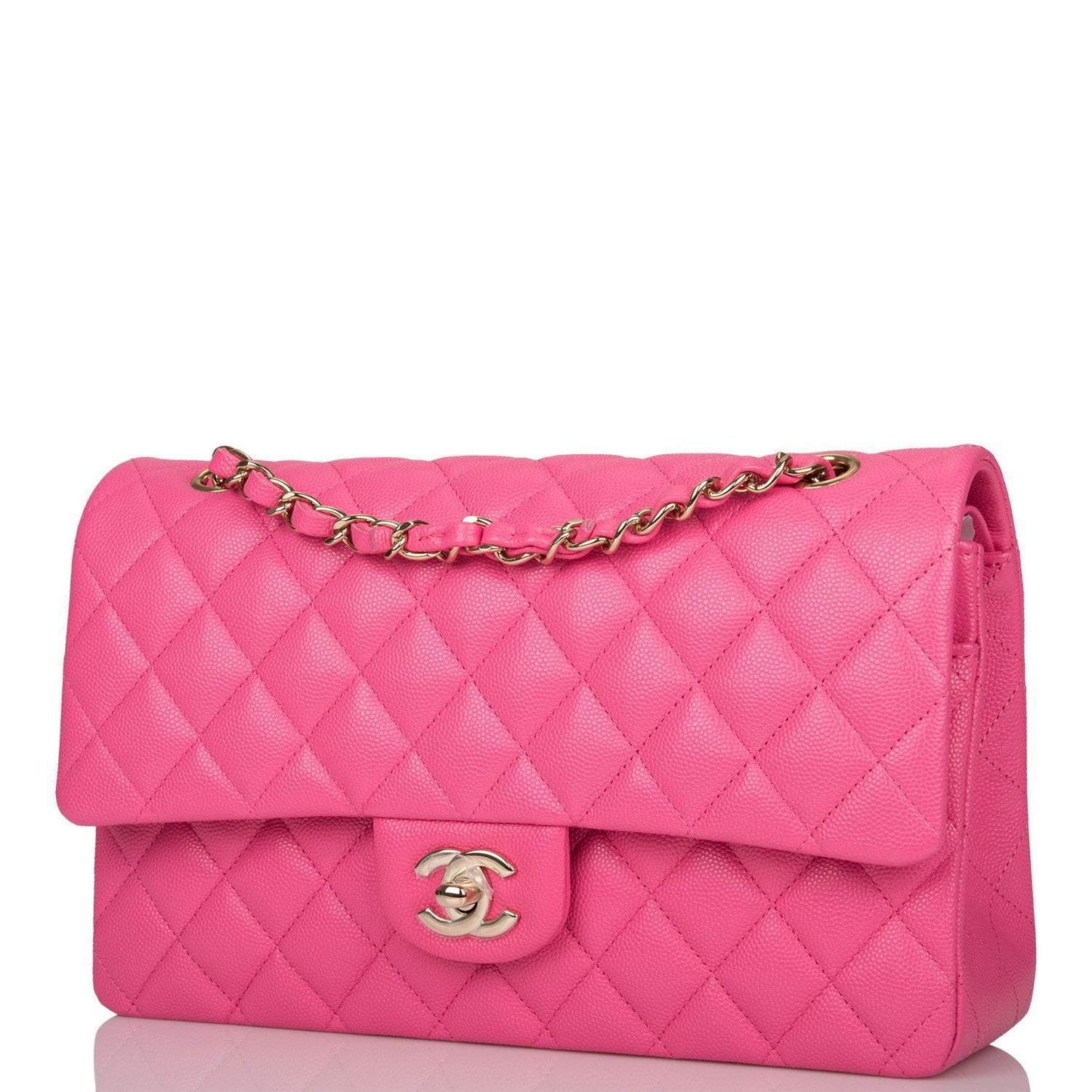 Chanel Pink Quilted Caviar Medium Classic Double Flap Bag Light Gold Hardware - Crowned Bag