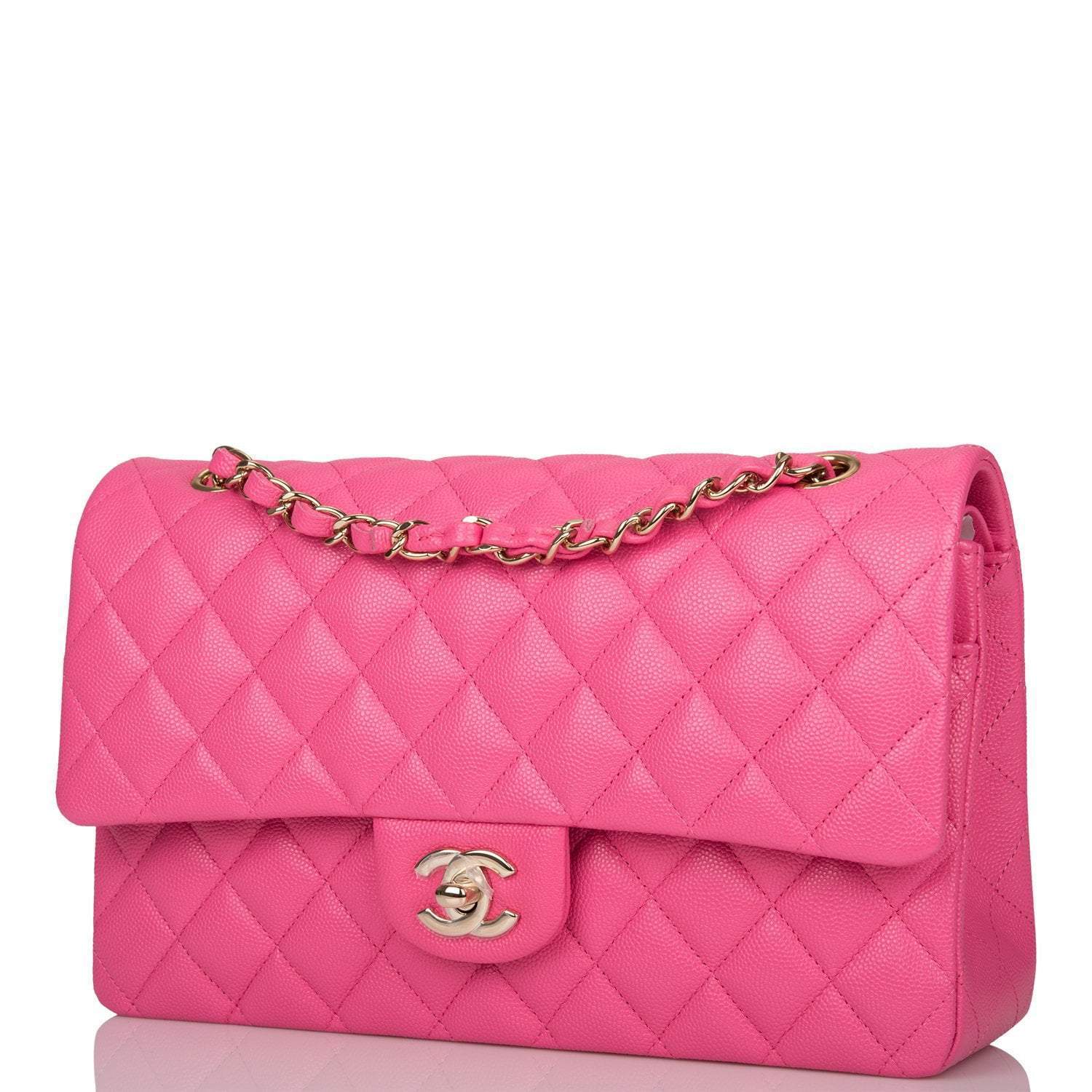 Chanel Pink Quilted Caviar Medium Classic Double Flap Bag Light Gold Hardware - Crowned Bag