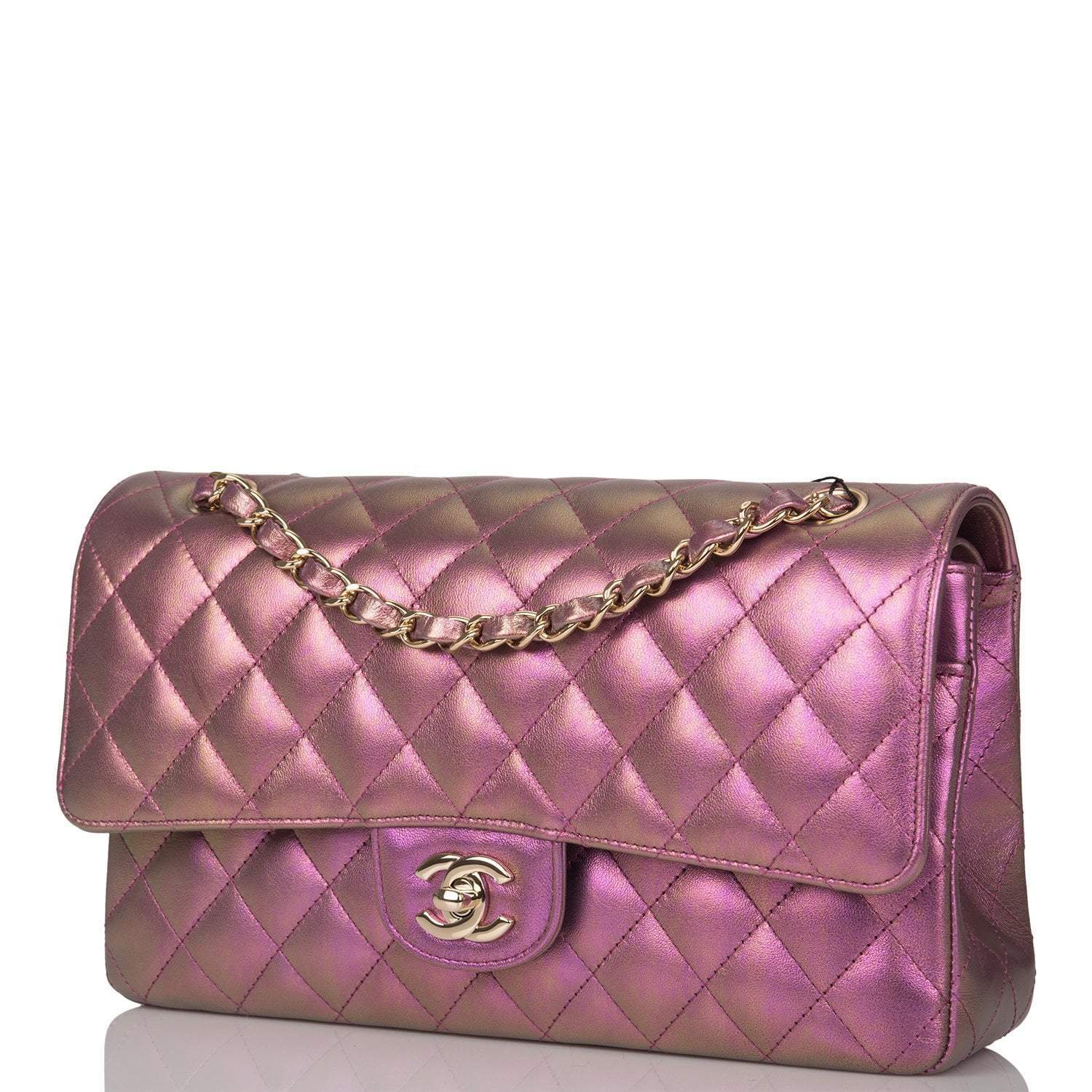 Chanel Purple Iridescent Quilted Lambskin Medium Classic Double Flap Bag Light Gold Hardware - Crowned Bag