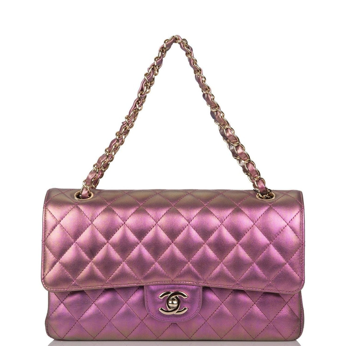Chanel Purple Iridescent Quilted Lambskin Medium Classic Double Flap Bag Light Gold Hardware - Crowned Bag