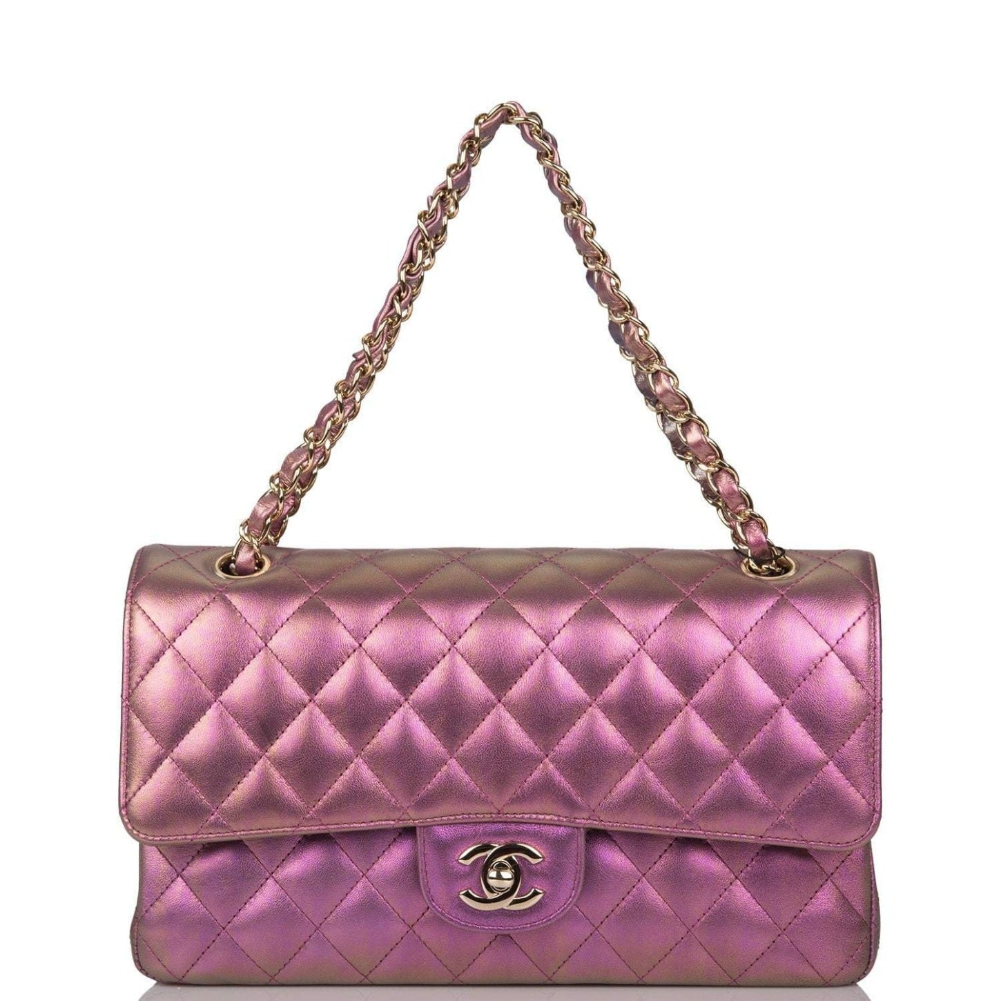 Chanel Purple Iridescent Quilted Lambskin Medium Classic Double Flap Bag Light Gold Hardware - Crowned Bag
