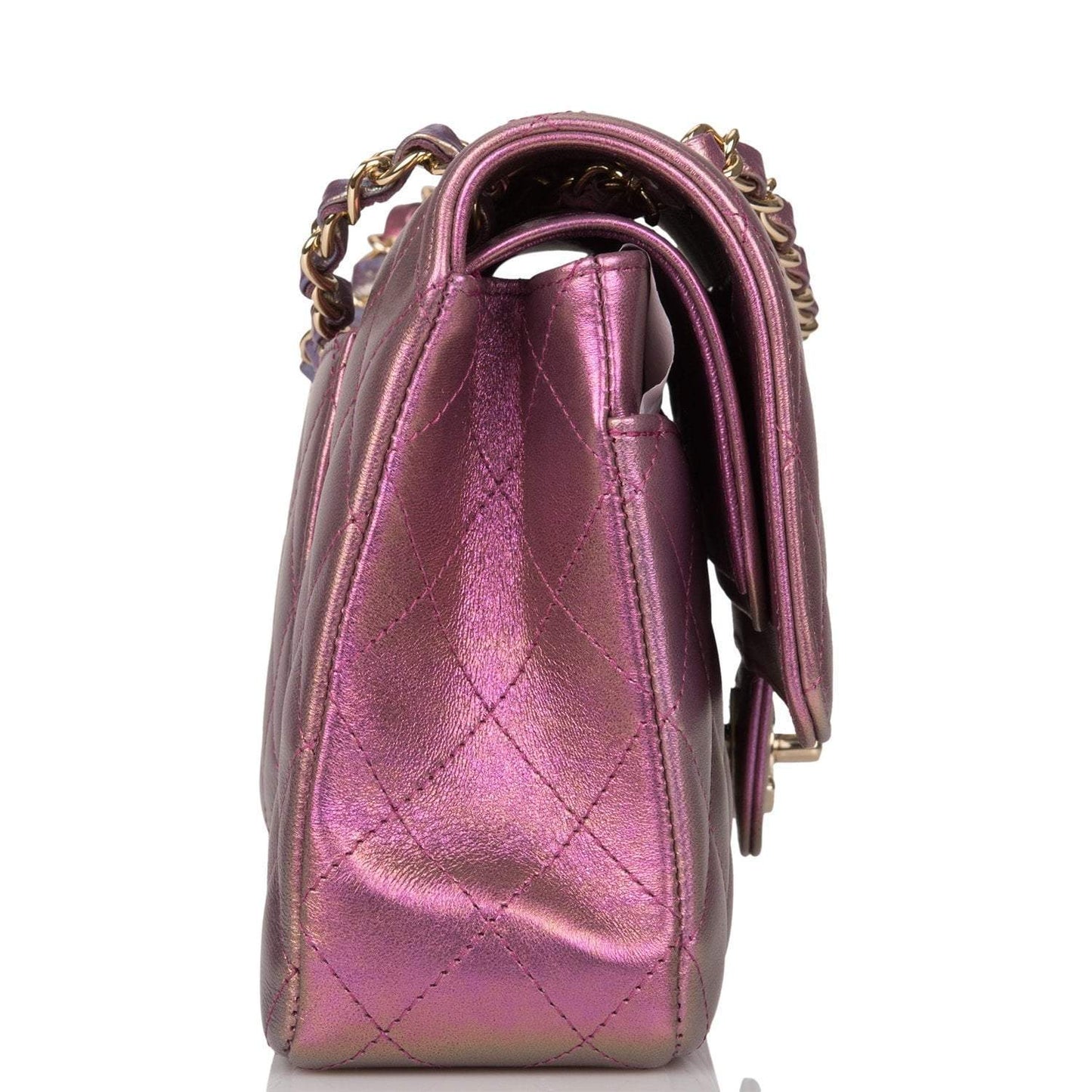 Chanel Purple Iridescent Quilted Lambskin Medium Classic Double Flap Bag Light Gold Hardware - Crowned Bag