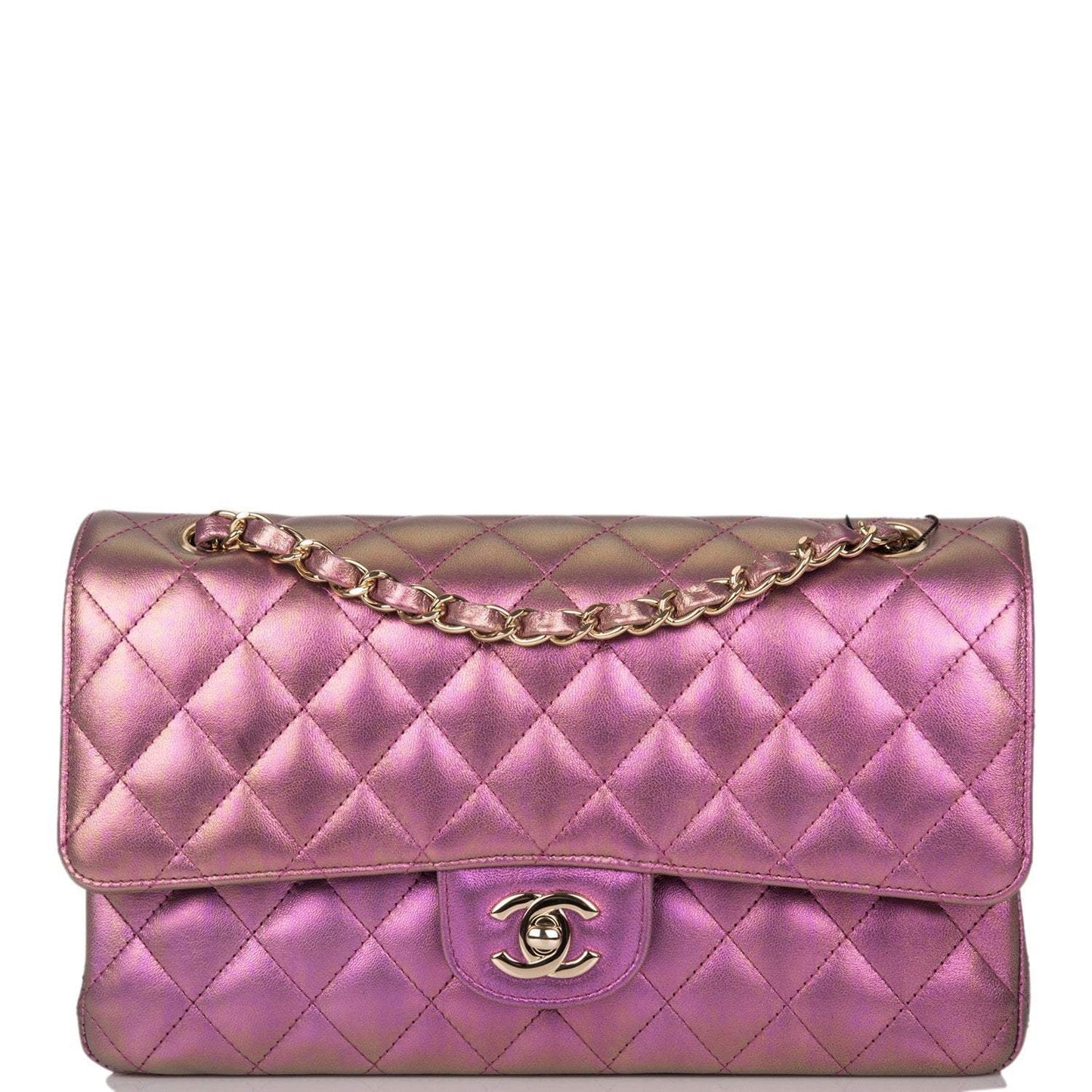 Chanel Purple Iridescent Quilted Lambskin Medium Classic Double Flap Bag Light Gold Hardware - Crowned Bag