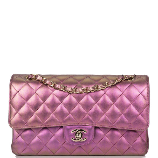 Chanel Purple Iridescent Quilted Lambskin Medium Classic Double Flap Bag Light Gold Hardware - Crowned Bag