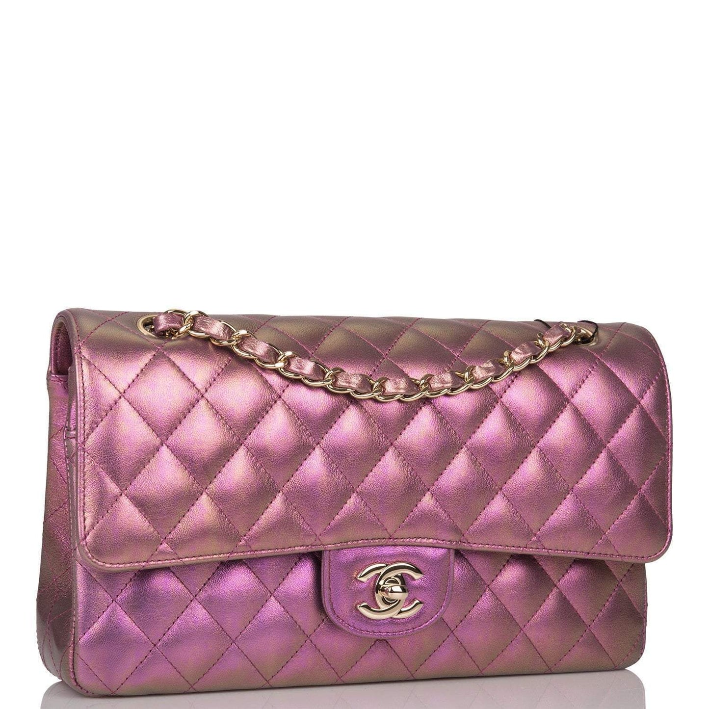 Chanel Purple Iridescent Quilted Lambskin Medium Classic Double Flap Bag Light Gold Hardware - Crowned Bag