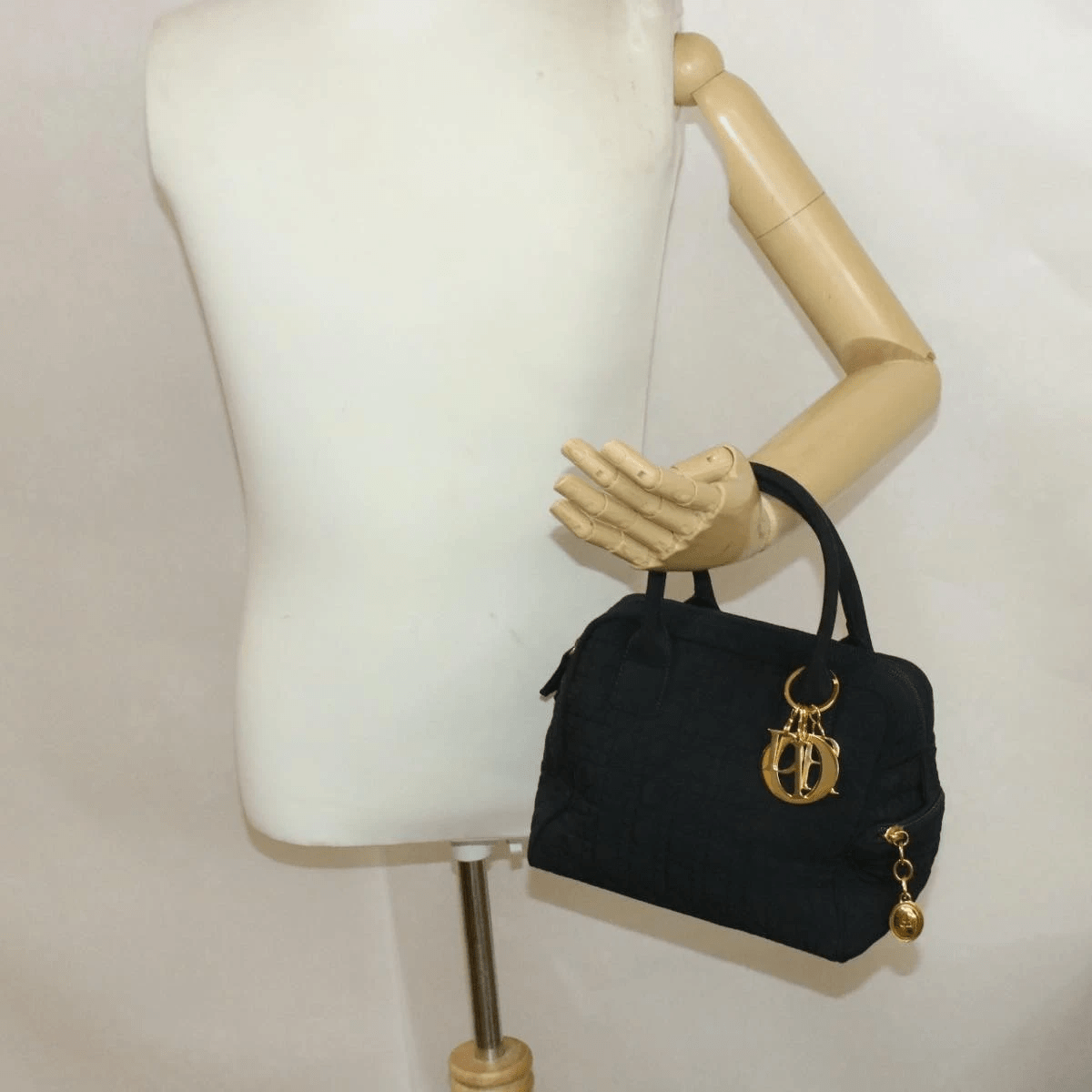 CHRISTIAN DIOR Cannage Hand Bag Black Nylon Dior