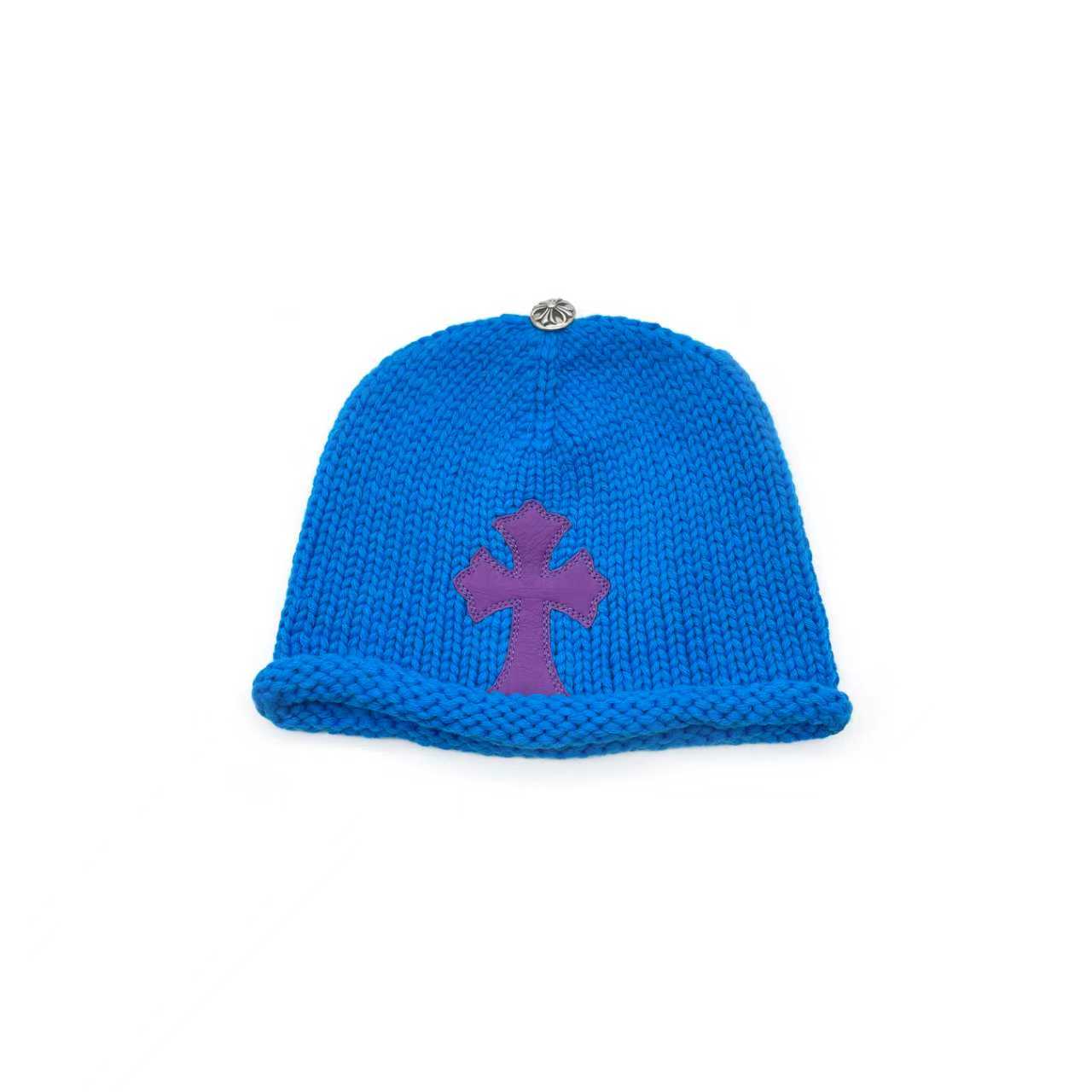 Chrome Hearts Cashmere Cross Leather Patch Beanie in Blue