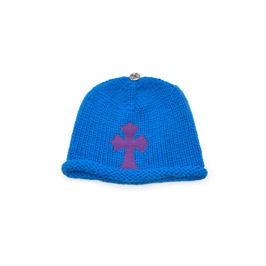 Chrome Hearts Cashmere Cross Leather Patch Beanie in Blue