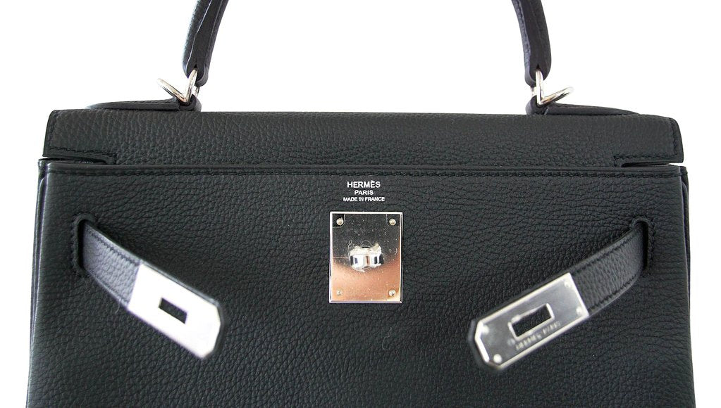 Hermès Kelly 28 Retourne Black Togo PHW Bag Crowned Bag