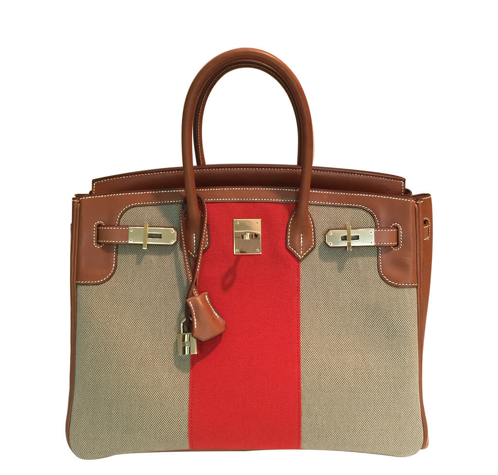 Hermes Birkin 35 Flag Bag Tan Orange Toile Limited Edition Crowned Bag