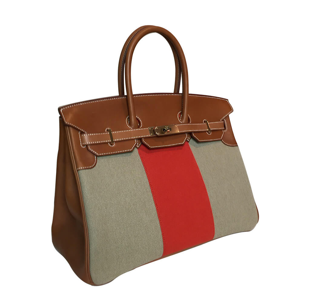 Hermes Birkin 35 Flag Bag Tan Orange Toile Limited Edition Crowned Bag