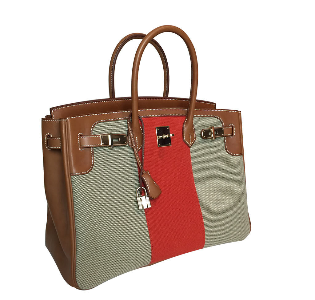 Hermes Birkin 35 Flag Bag Tan Orange Toile Limited Edition Crowned Bag