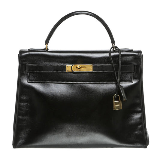 Hermès Box Leather Kelly Black Bag - Crowned Bag