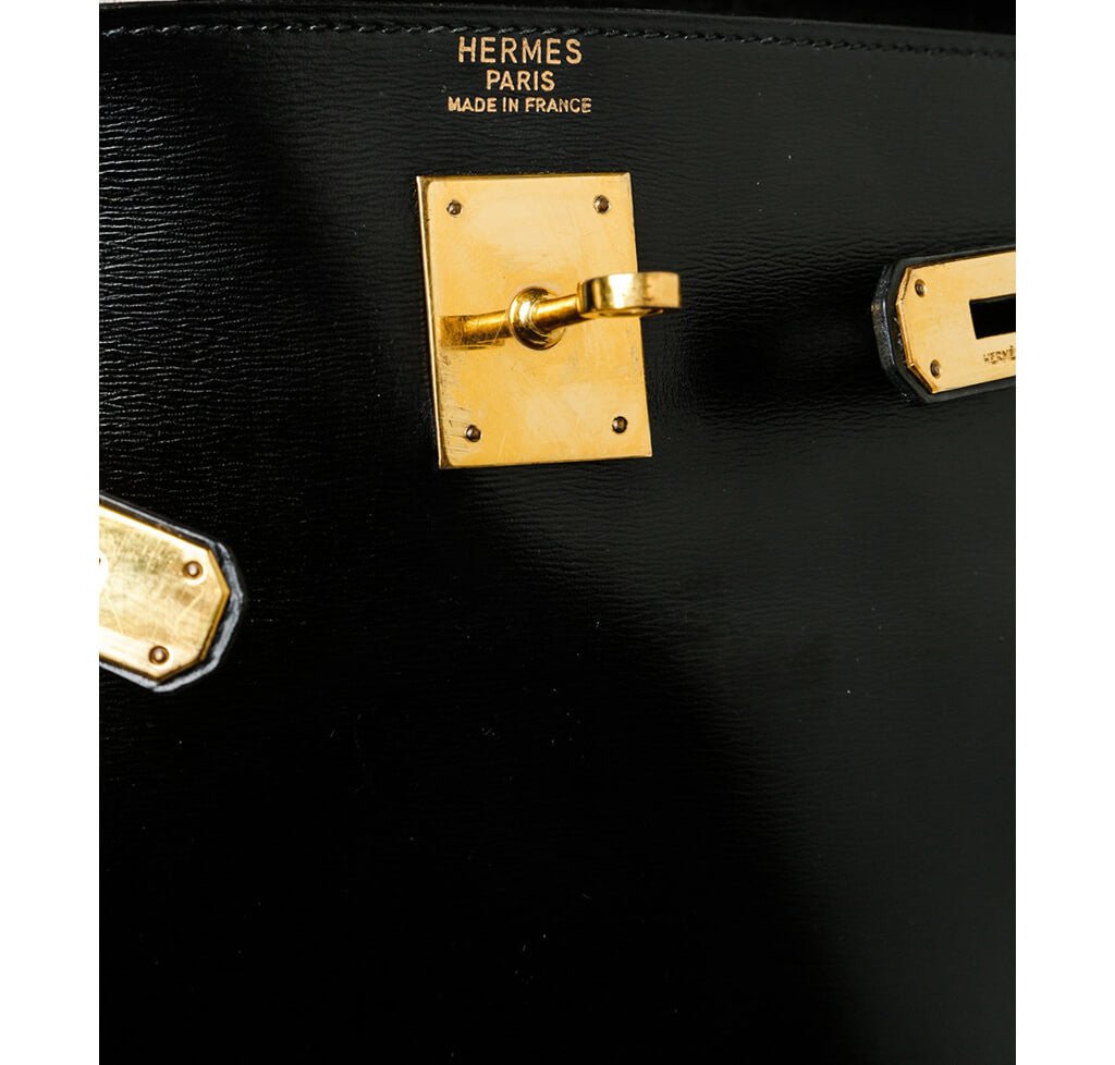 Hermès Box Leather Kelly Black Bag - Crowned Bag