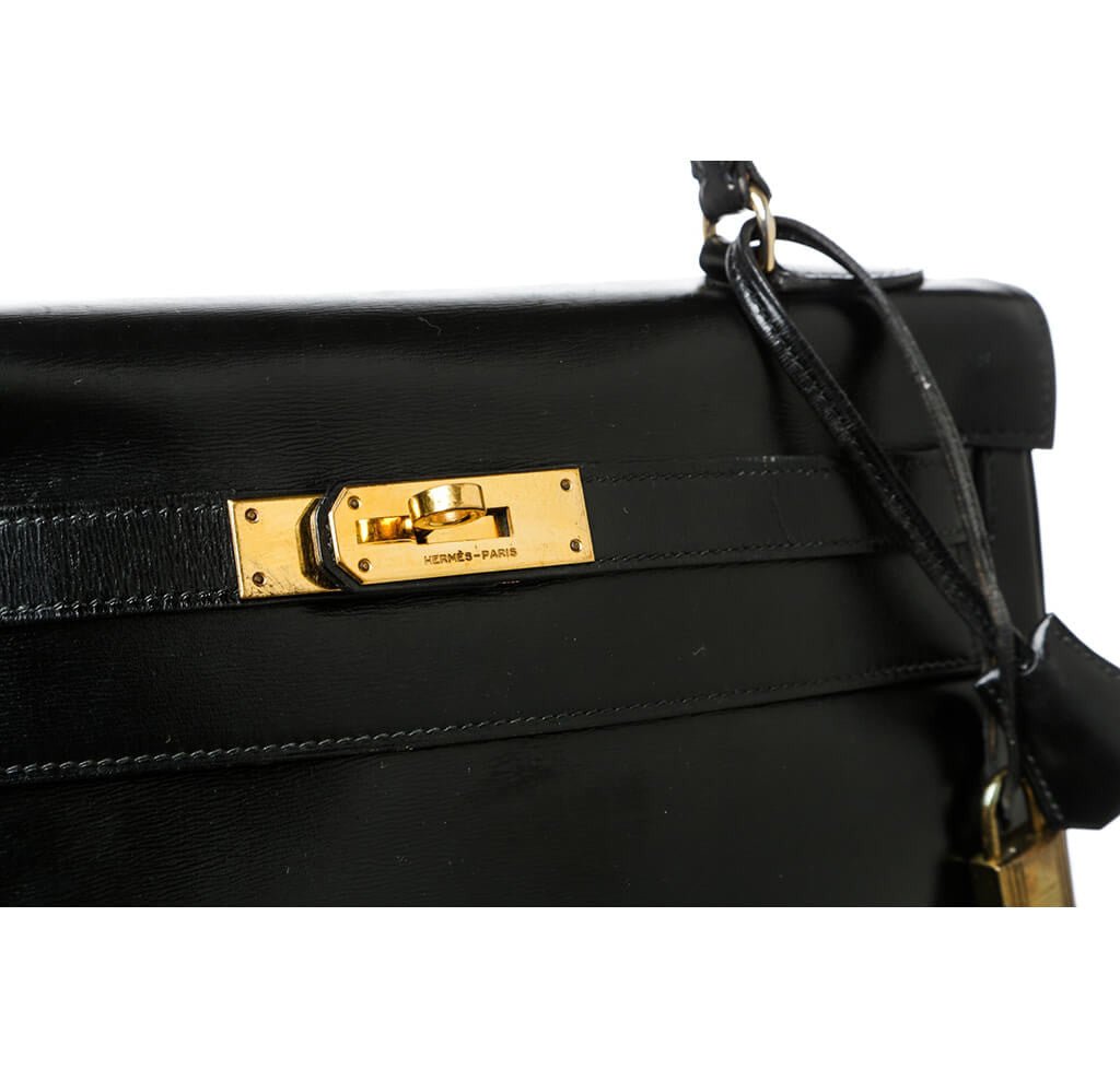 Hermès Box Leather Kelly Black Bag - Crowned Bag